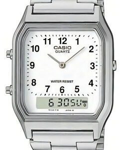 Relógio Casio Vintage Prata Aq230 7bmq Fundo Branco Caixa E Pulseira Em Aço Anadigi