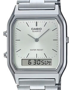 Relógio Casio Vintage Prata Unissex Aq-230a-7amqydf-sc Correia Prateado Bisel Prateado Fundo Prateado